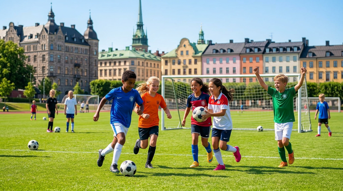 Youth players celebrating with flags